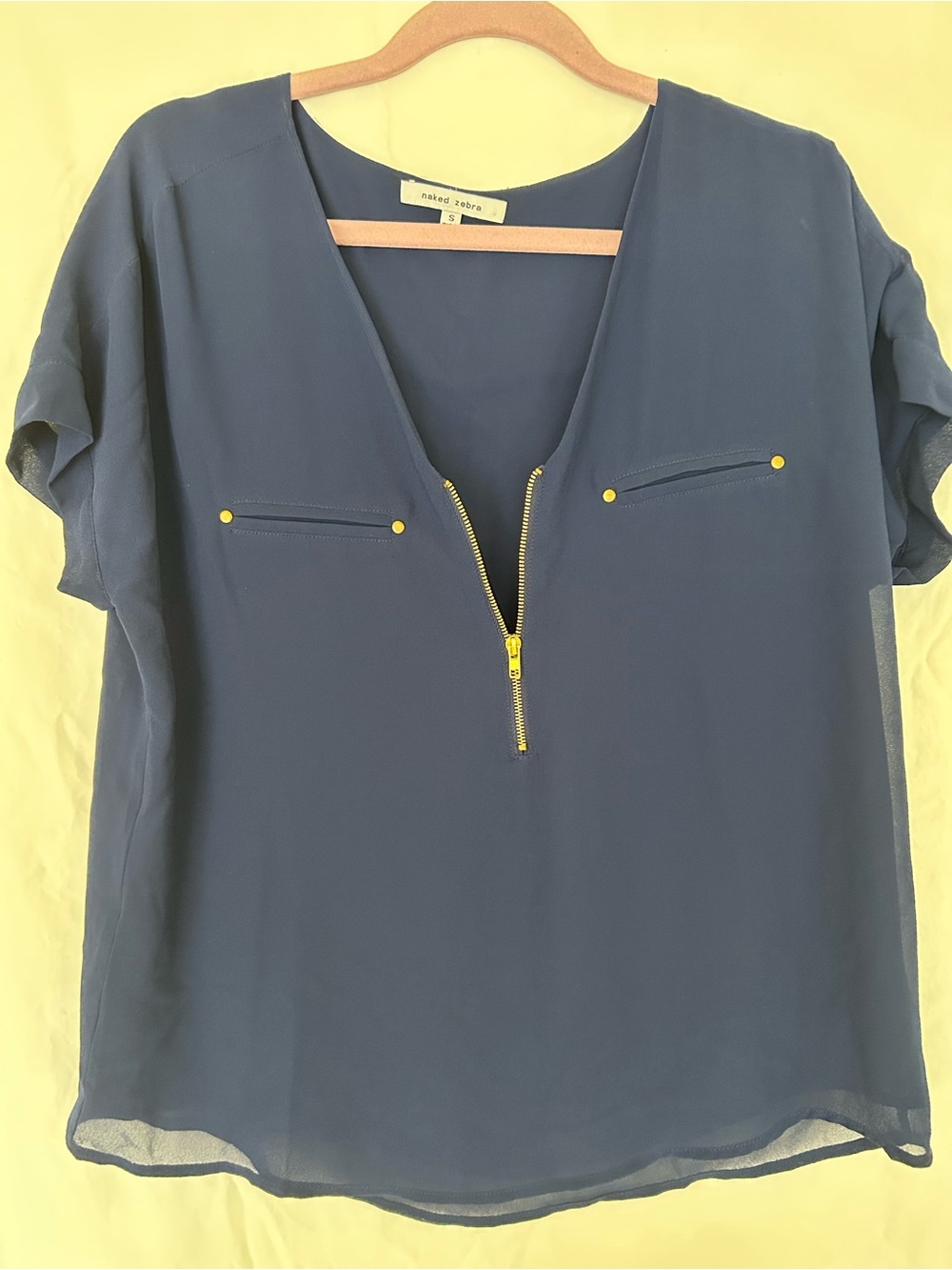 Naked Zebra Navy Blue Sheer Layered Blouse Gold Zipper Size Small